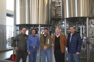 (L-R) Brewmaster Chad Kennedy, SunWest Project Supervisor Jon Page, SunWest Project Manager Mark Maxwell and Architects Neal Huston and Mark Ward of Neal Huston & Associates, Architects Inc.